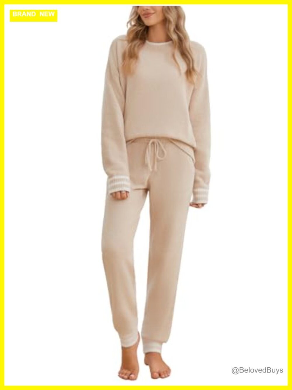 2-Piece Pajama Lounge Set Feather Yarn Knit Long Sleeve Crew Neck